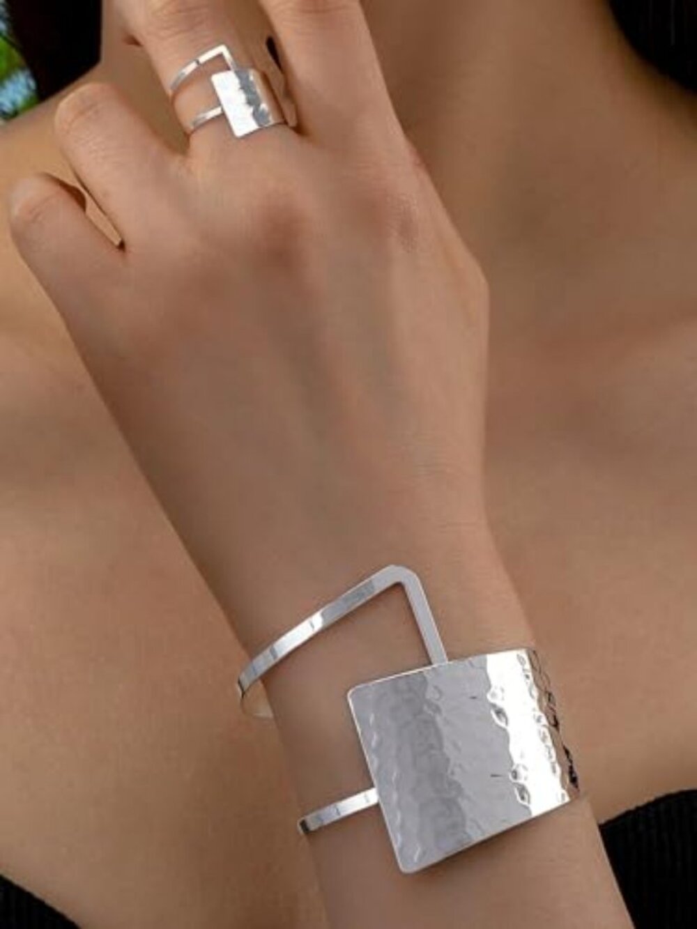 Asymmetrical Geometric Bracelet Ring Set for Women – Hammered Metal Open Cuff
